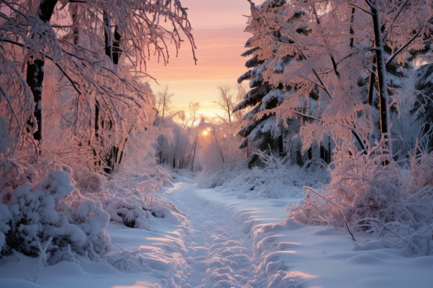 Snow clad forest bathed in morning glow Snow clad forest bathed in morning glow