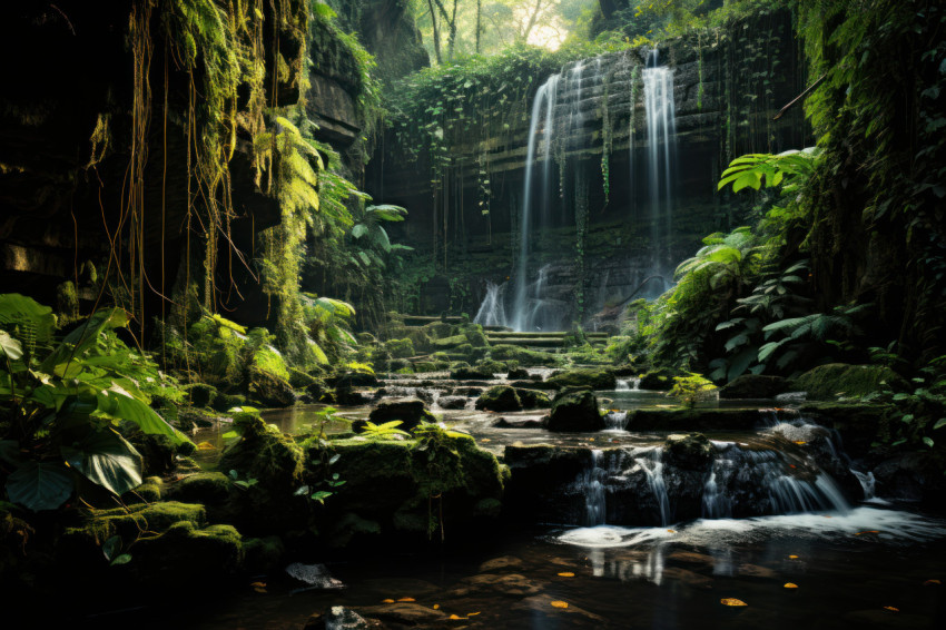 Foliage radiance first light embrace on serene waterfall