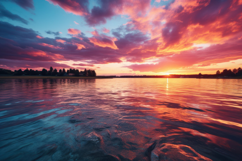 Sunset and lake in vivid display
