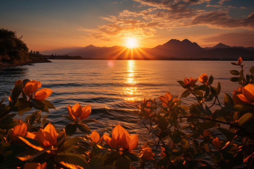 Horizon rising sun over coastal lake