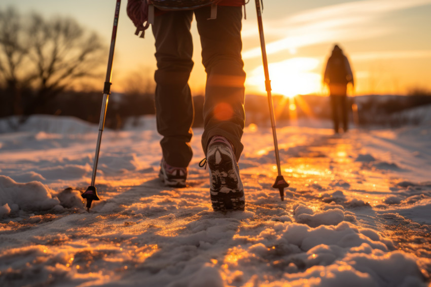 Ski gear feet walking in snowy sunset Ski gear feet walking in snowy sunset