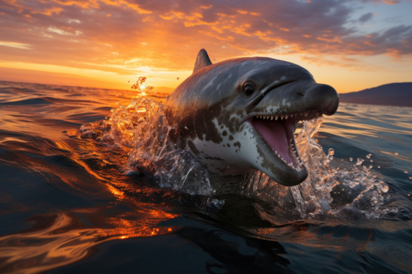 Dusk delight dolphin in mid air at sunset Dusk delight dolphin in mid air at sunset