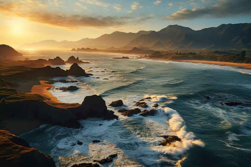 Coastal mountains basking in morning sunlight Coastal mountains basking in morning sunlight, beautiful sunrise image