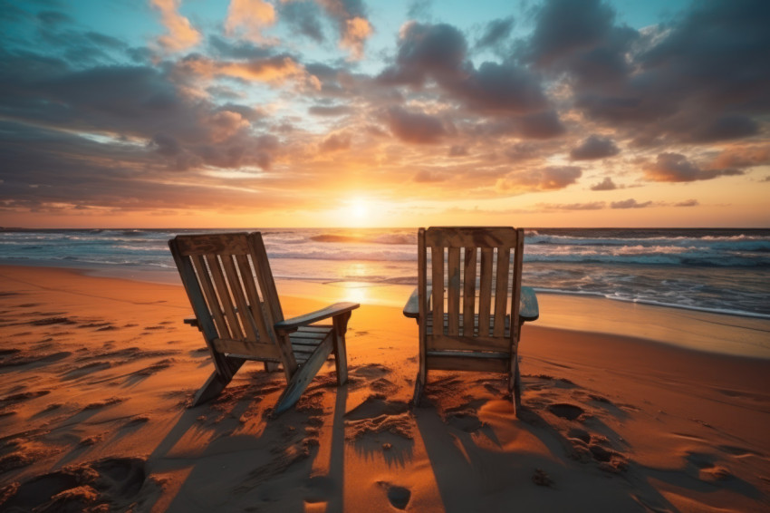 Deck chairs embracing sunset on beach