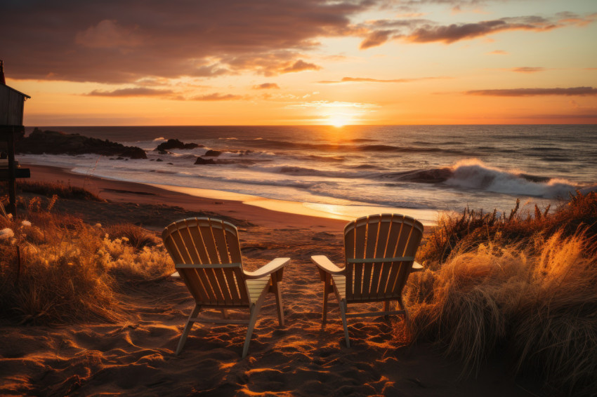 Two chairs amidst sunset glow on the beach