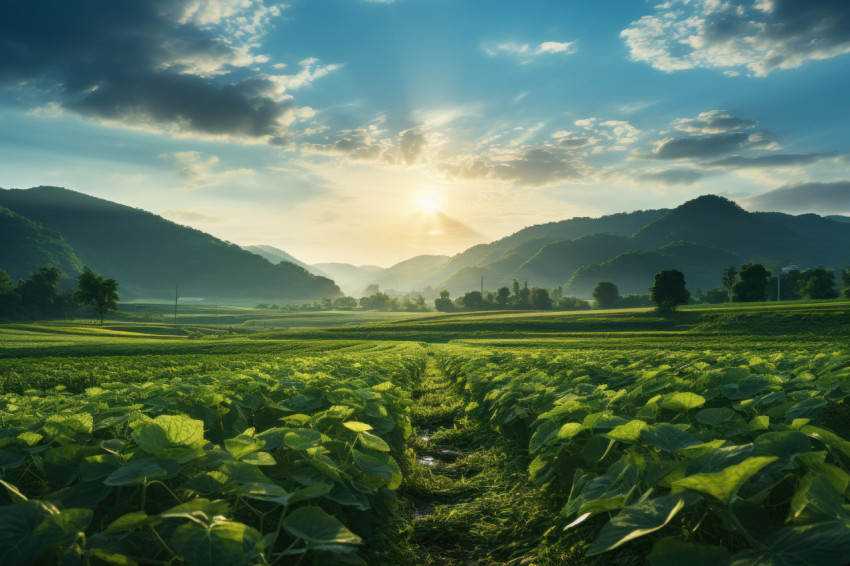 Sunlight casting brilliance across green rice field Sunlight casting brilliance across green rice field