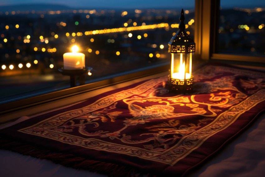 Prayer mat laid out on a balcony with city lights shining in the background Prayer mat laid out on a balcony with city lights shining in the background