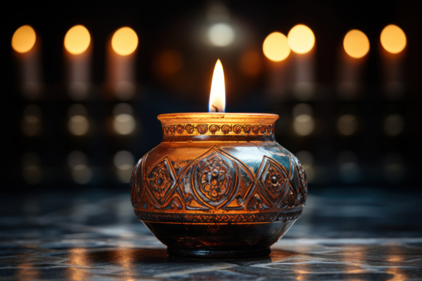 A close up of a candle in a softly lit room's prayer corner A close up of a candle in a softly lit room's prayer corner