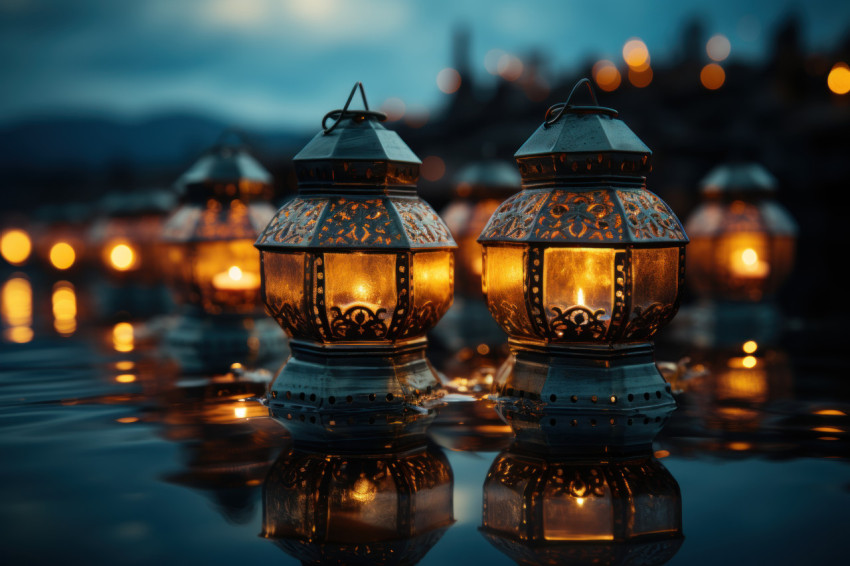 Calm water surface mirrors the tranquility of iftar lanterns Calm water surface mirrors the tranquility of iftar lanterns