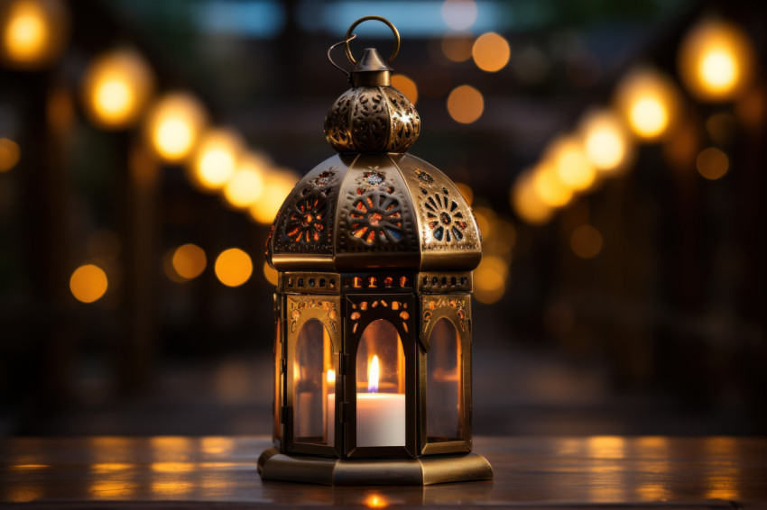 Antique gold lantern casting a soft radiance on a flat wooden base Antique gold lantern casting a soft radiance on a flat wooden base