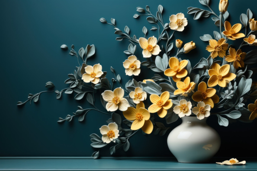 A charming scene with a table adorned by colorful flowers in the background A charming scene with a table adorned by colorful flowers in the background