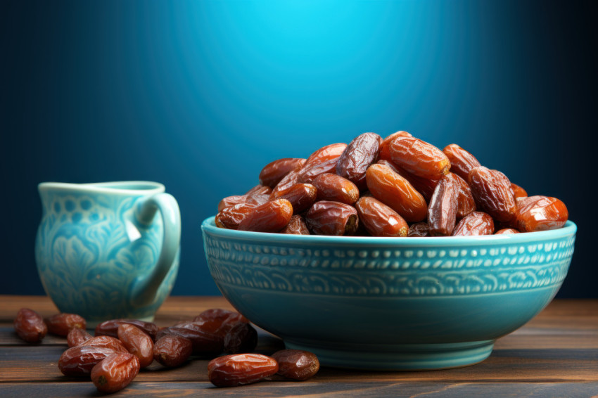 Fresh dates presented in a charming bowl on a blue wooden surface Fresh dates presented in a charming bowl on a blue wooden surface
