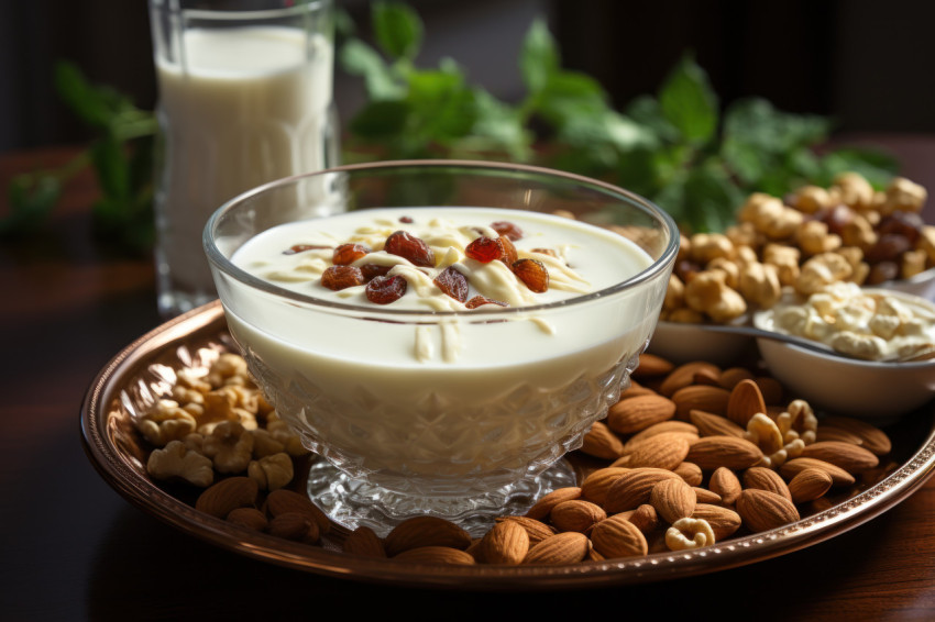 Artfully presented oriental style milk and nut bowl Artfully presented oriental style milk and nut bowl