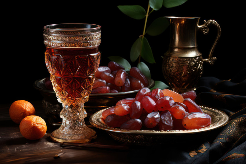 Savor the taste of dates alongside a refreshing glass of multaqwa Savor the taste of dates alongside a refreshing glass of multaqwa