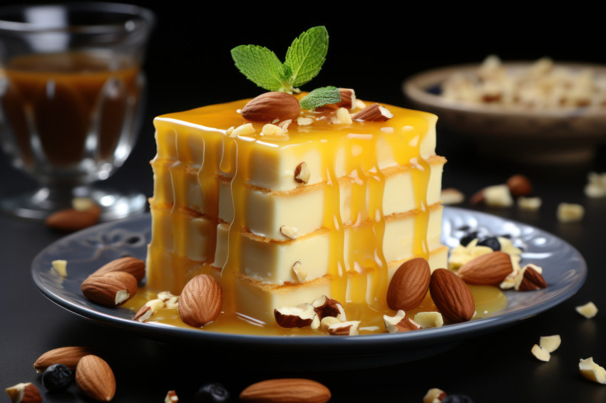 A sweet treat featuring a golden dessert crowned with nuts for added flavor A sweet treat featuring a golden dessert crowned with nuts for added flavor