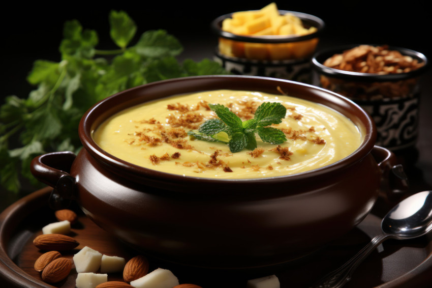 Wooden bowl filled with a luscious yellow treat complemented by nuts and almonds Wooden bowl filled with a luscious yellow treat complemented by nuts and almonds