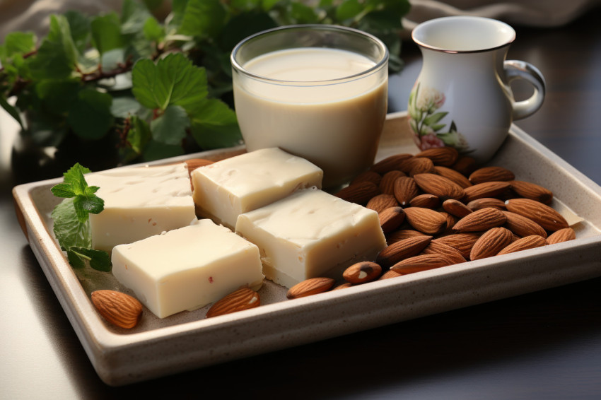 A minimalistic scene featuring three almond slices and a cup of tea on a white tray A minimalistic scene featuring three almond slices and a cup of tea on a white tray