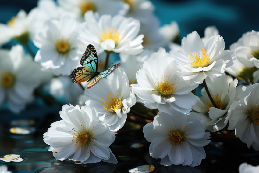 Delicate white daisy and butterfly elegance in the meadow Delicate white daisy and butterfly elegance in the meadow