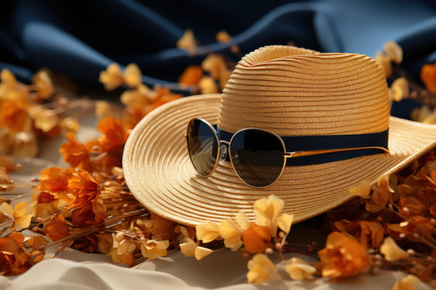 Beach essentials straw hat sunglasses and shades Beach essentials straw hat sunglasses and shades