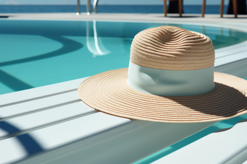 Poolside relaxation with hat and sunblock on a wooden deck Poolside relaxation with hat and sunblock on a wooden deck