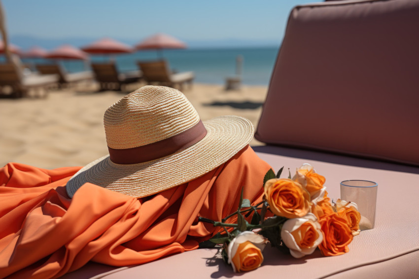 Hat towel and a relaxing beverage complete your beach experience Hat towel and a relaxing beverage complete your beach experience