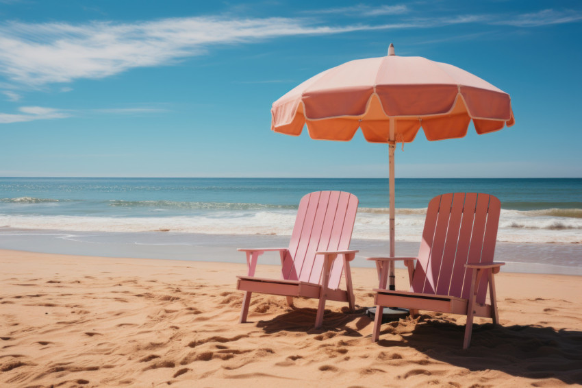 Two chairs and an umbrella on a quiet and deserted beach Two chairs and an umbrella on a quiet and deserted beach