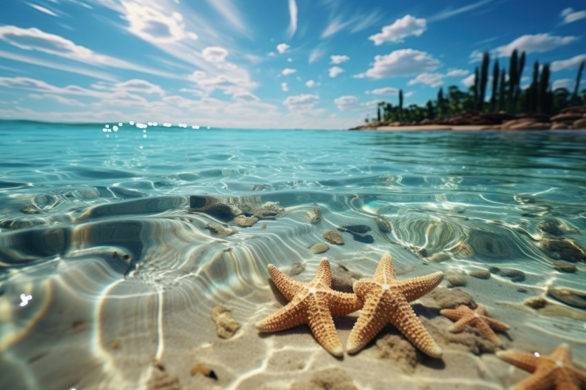 Starfish relaxing on sandy beach with a scenic ocean horizon Starfish relaxing on sandy beach with a scenic ocean horizon