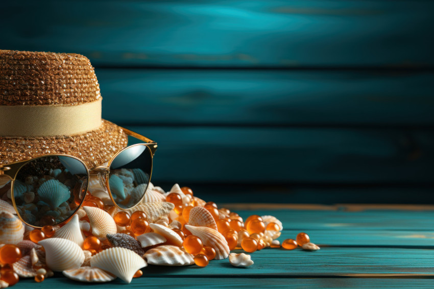 Summer accessories and shells adorn a blue wooden surface Summer accessories and shells adorn a blue wooden surface