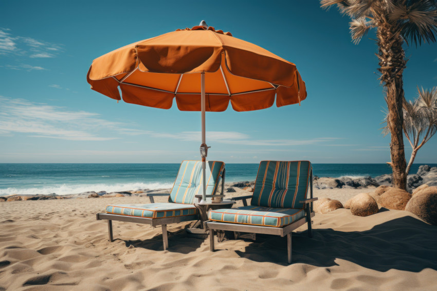 Beachside lounge chairs under a canopy of palm and umbrella Beachside lounge chairs under a canopy of palm and umbrella