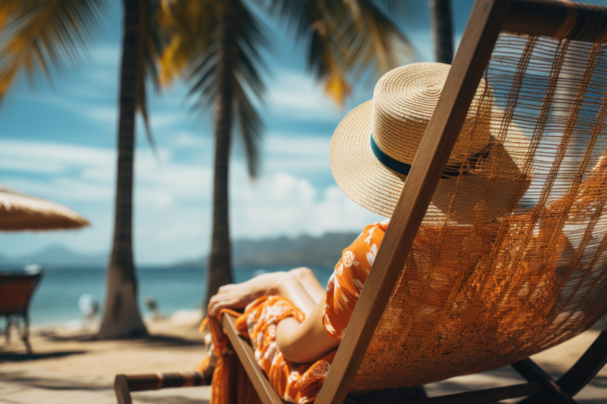 Woman unwinding on a deck chair in tropical paradise