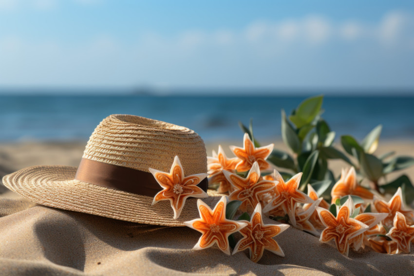 Fashionable display with hat flip flops starfish and starfruit Fashionable display with hat flip flops starfish and starfruit