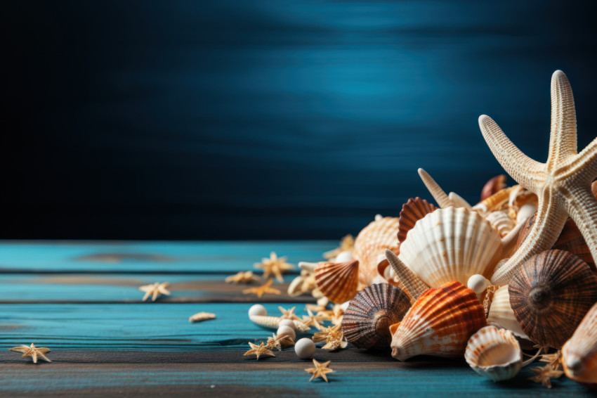 Seashell starfish and rope on rustic blue surface Seashell starfish and rope on rustic blue surface