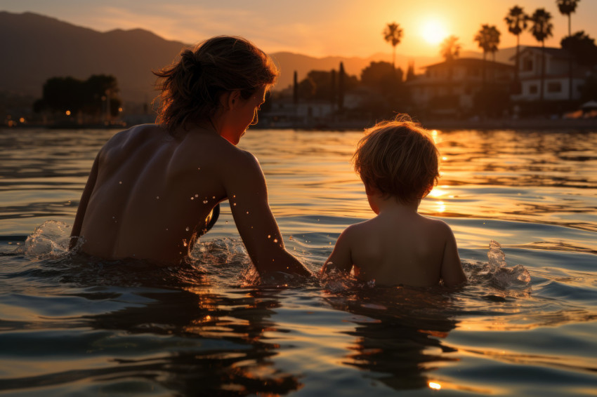 Mother and son enjoying playful moments at sunset