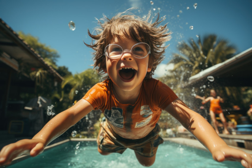 Kid enjoying a playful leap from the pool