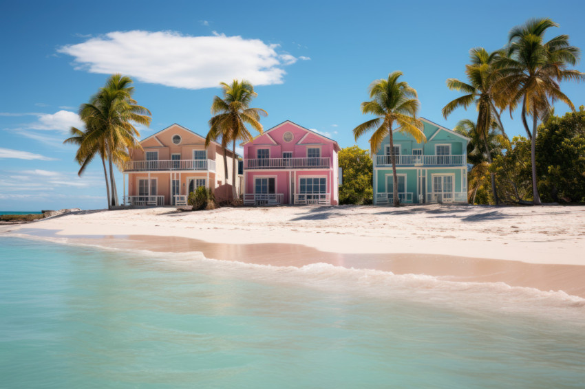 Relaxing beach scene with palm trees and a charming beach house