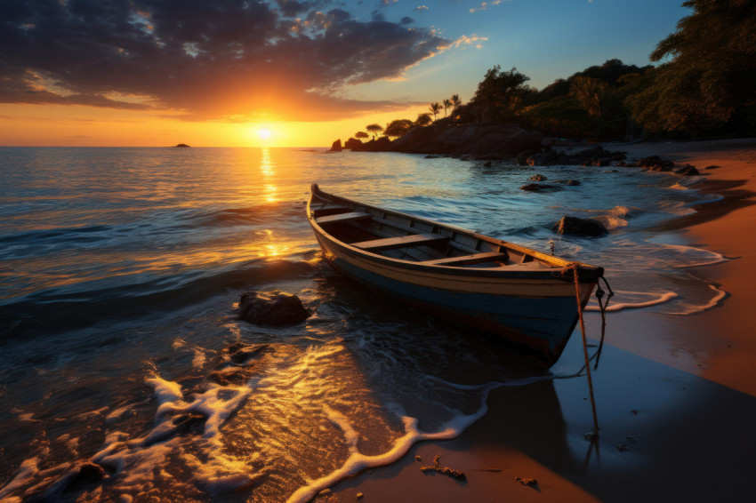 Boat gracefully gliding on waters at sunset