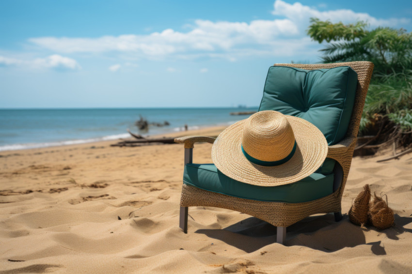Sandy beach with a lounge chair and stylish hat