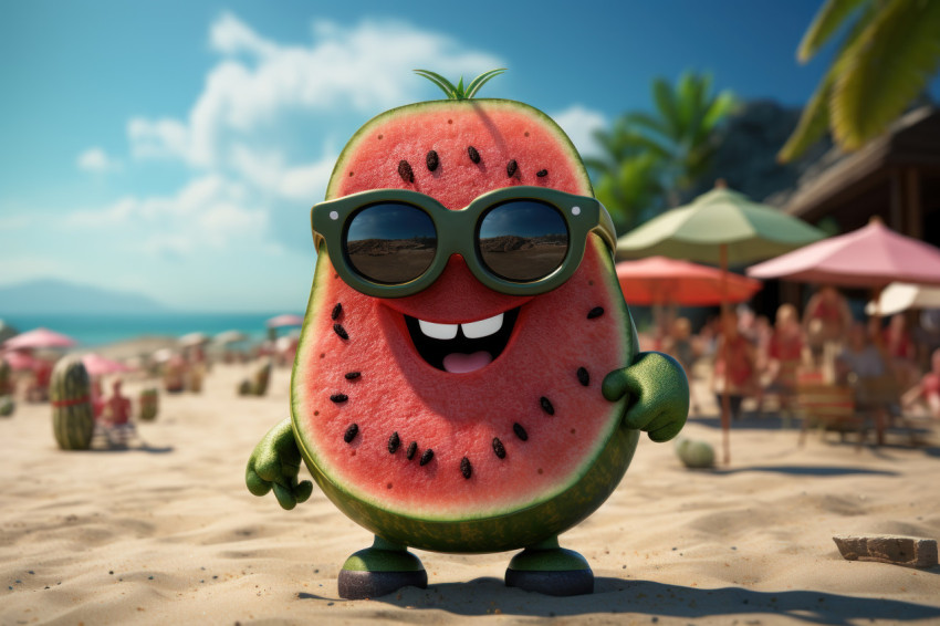 Sunglasses wearing watermelon enjoying the sand Sunglasses wearing watermelon enjoying the sand