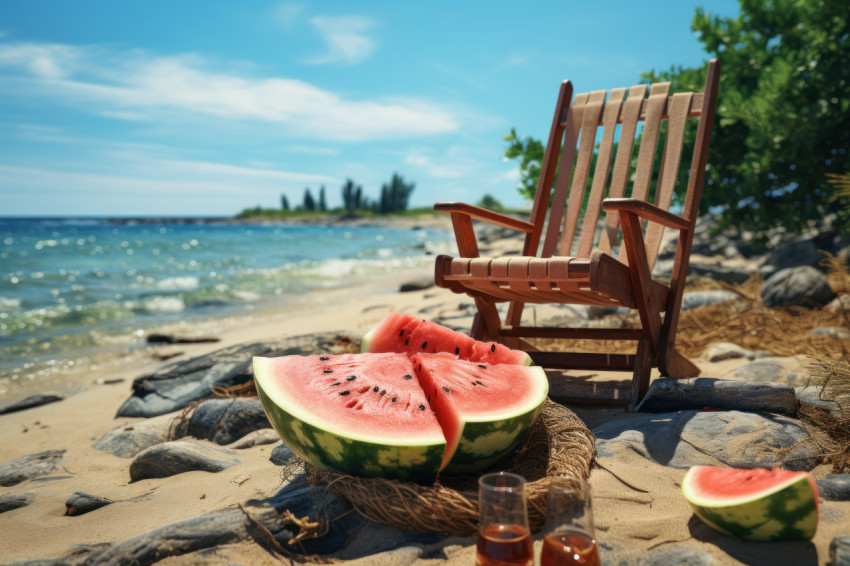 Watermelon and beach chair by the shoreline Watermelon and beach chair by the shoreline