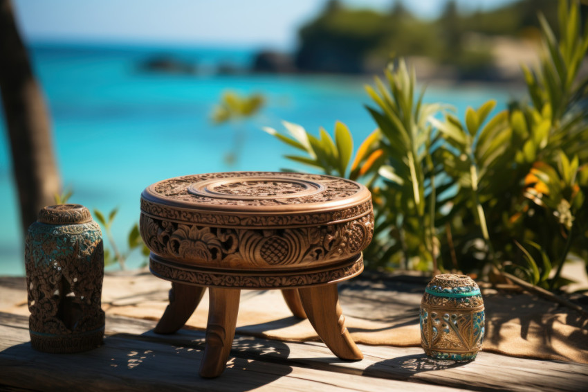 Stool positioned to enjoy a beach surrounded by palm trees Stool positioned to enjoy a beach surrounded by palm trees