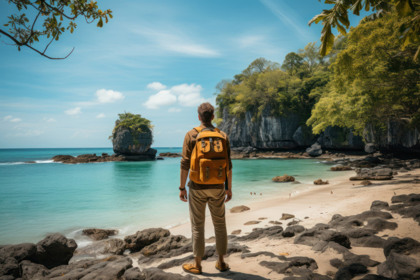 Backpacker taking in the scenic rocky beach trail