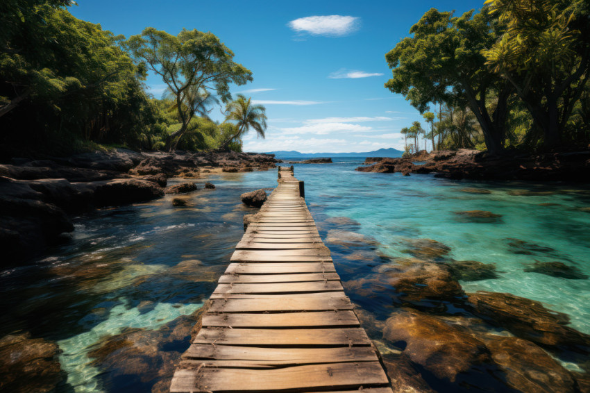 Picturesque overwater pathway leading to a beach paradise