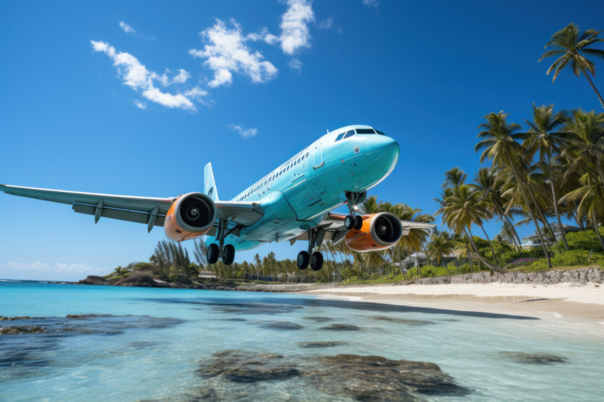 Airplane overhead revealing white beach and palm tree haven