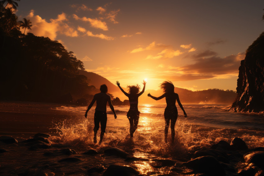 Trio of friends reach for the skies amidst a glorious sunset