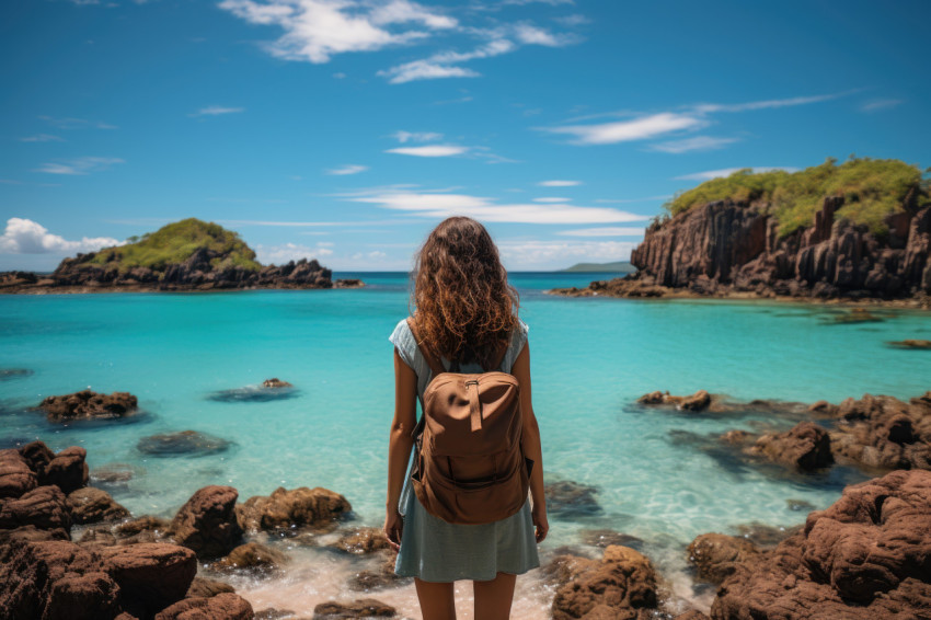 Woman on top of tropical beach with open arms