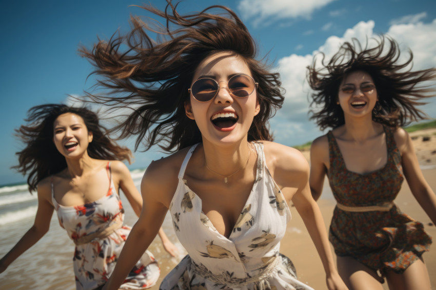 Three playful girls leaping with delight on the shore