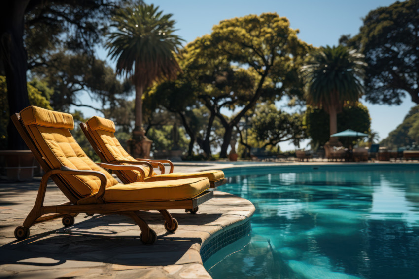 Enjoying the comfort of loungers and umbrellas by a crystal blue pool