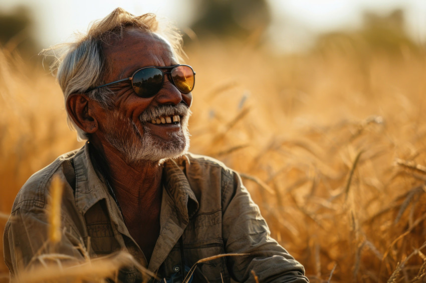 Smiling grandpa enjoys the sun in sunglasses in a field Smiling grandpa enjoys the sun in sunglasses in a field