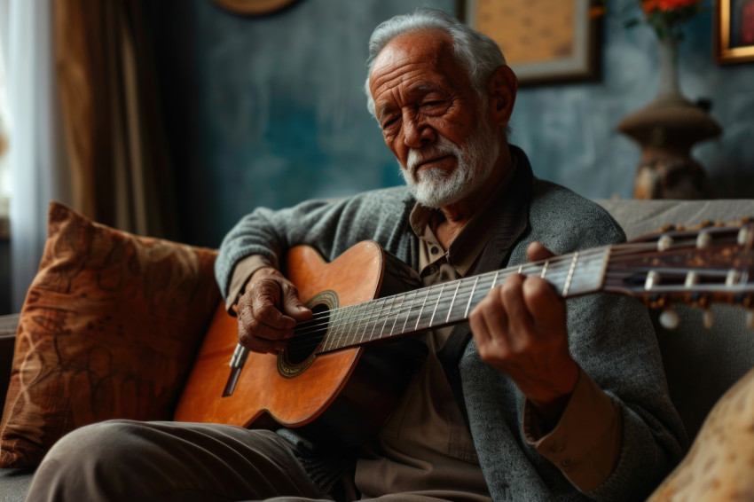 A senior gentleman playing guitar seated on a couch A senior gentleman playing guitar seated on a couch