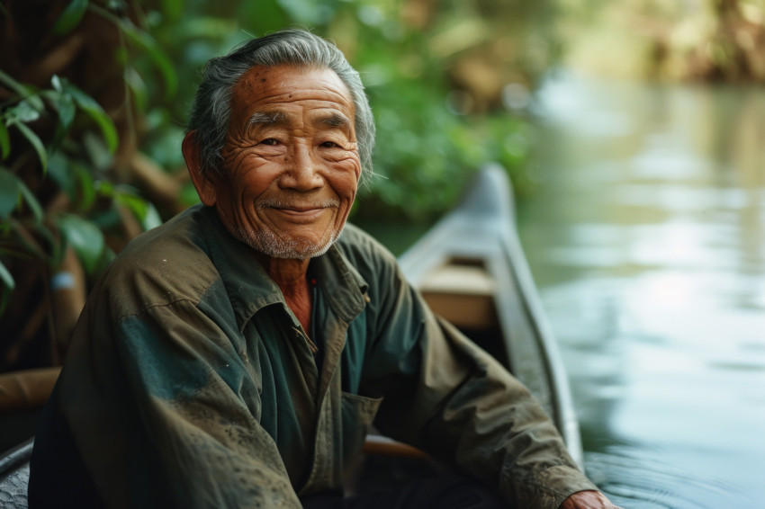 A happy grandpa enjoying his canoe ride A happy grandpa enjoying his canoe ride